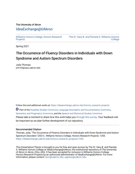 The Occurrence of Fluency Disorders in Individuals with Down Syndrome and Autism Spectrum Disorders