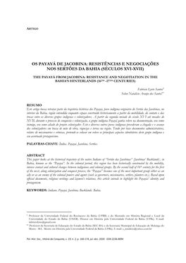 Os Payayá De Jacobina: Resistências E Negociações Nos Sertões Da Bahia (Séculos Xvi-Xvii)