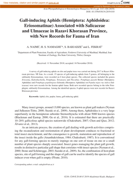 Gall-Inducing Aphids (Hemiptera: Aphidoidea: Eriosomatinae) Associated with Salicaceae and Ulmaceae in Razavi Khorasan Province, with New Records for Fauna of Iran