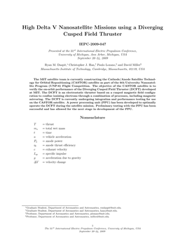 High Delta V Nanosatellite Missions Using a Diverging Cusped Field Thruster