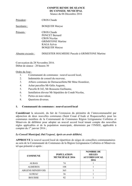 COMPTE RENDU DE SEANCE DU CONSEIL MUNICIPAL Séance Du 06 Décembre 2016