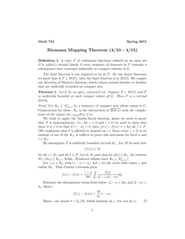 Riemann Mapping Theorem (4/10 - 4/15)