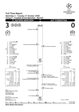 Full Time Report FC BAYERN MÜNCHEN ACF FIORENTINA