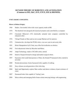 SICX1020 THEORY of ROBOTICS and AUTOMATION (Common to EIE, E&C, ECE, ETCE, EEE & BIOMED)