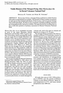 Nodule Biomass of the Nitrogen-Fixing Alien Myricafaya Ait. in Hawaii Volcanoes National Park!