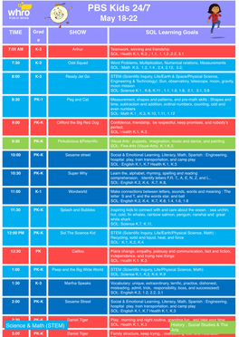 PBS Kids Program Schedule 24 7 with Sols Week 18Th