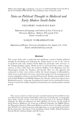 Notes on Political Thought in Medieval and Early Modern South India