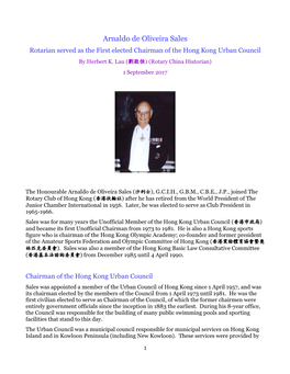 Arnaldo De Oliveira Sales Rotarian Served As the First Elected Chairman of the Hong Kong Urban Council by Herbert K