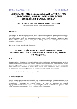 A RESEARCH on Libythea Celtis (LAICHARTING, 1782) (LEPIDOPTERA, NYMPHALIDAE) NETTLE-TREE BUTTERFLY in DEVREK, TURKEY
