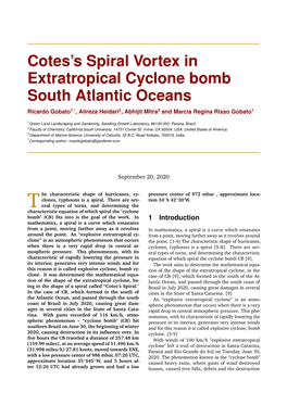 Cotes's Spiral Vortex in Extratropical Cyclone Bomb South Atlantic Oceans