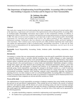 The Importance of Implementing Social Responsibility Accounting (SRA) in Public Shareholding Companies in Jordan and Its Impact on Their Sustainability