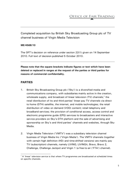 Completed Acquisition by British Sky Broadcasting Group Plc of TV Channel Business of Virgin Media Television