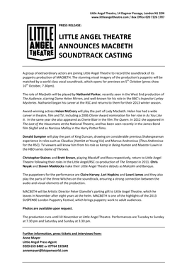 Little Angel Theatre Announces Macbeth Soundtrack Casting