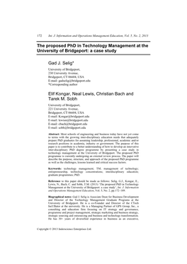 The Proposed Phd in Technology Management at the University of Bridgeport: a Case Study