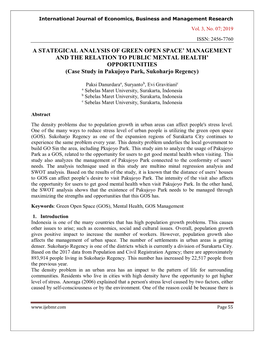 A STATEGICAL ANALYSIS of GREEN OPEN SPACE’ MANAGEMENT and the RELATION to PUBLIC MENTAL HEALTH’ OPPORTUNITIES (Case Study in Pakujoyo Park, Sukoharjo Regency)