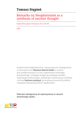 Tomasz Stępień Remarks on Neoplatonism As a Synthesis of Ancient Thought