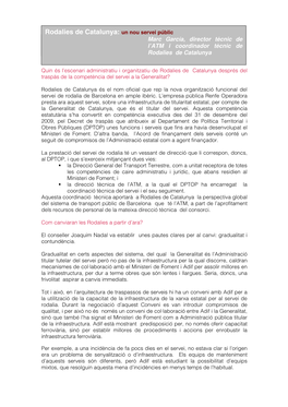Rodalies De Catalunya: Un Nou Servei Públic Marc García, Director Tècnic De L’ATM I Coordinador Tècnic De Rodalies De Catalunya