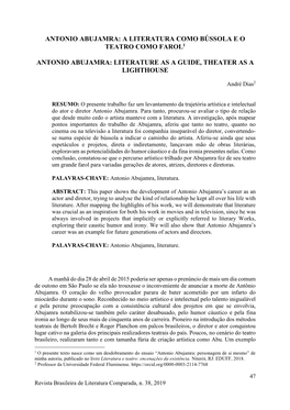 Antonio Abujamra: a Literatura Como Bússola E O Teatro Como Farol1