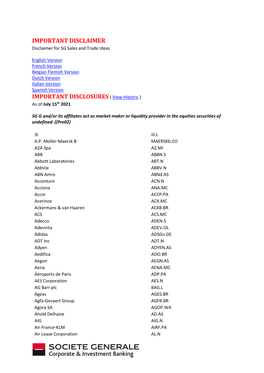 IMPORTANT DISCLAIMER Disclaimer for SG Sales and Trade Ideas