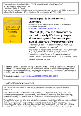 Effect of Ph, Iron and Aluminum on Survival of Early Life History Stages of the Endangered Freshwater Pearl Mussel, Margaritifera Margaritifera J