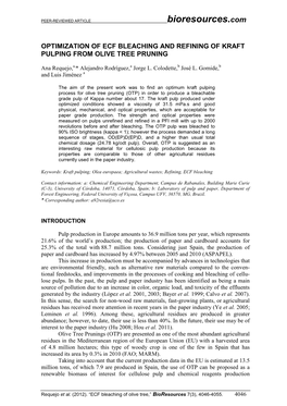 Optimization of Ecf Bleaching and Refining of Kraft Pulping from Olive Tree Pruning