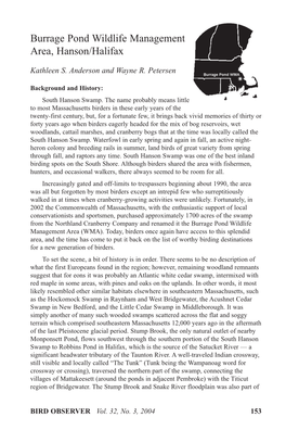 Birdobserver32.3 Page153-160 Burrage Pond Wildlife Management Area, Hanson-Halifax Kathleen S. Anderson, Wayne R. Petersen.Pdf