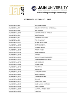 School of Engineering & Technology JET RESULTS SECOND LIST