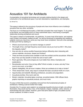 Acoustics 101 for Architects a Presentation of Acoustical Terminology and Concepts Relating Directly to the Design and Construction of an Architectural Space