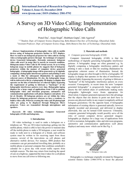 A Survey on 3D Video Calling: Implementation of Holographic Video Calls