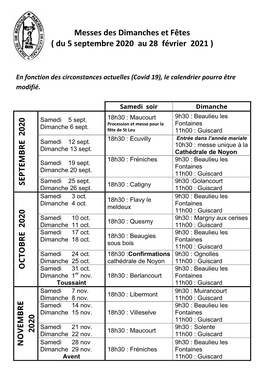 Messes Des Dimanches Et Fêtes ( Du 5 Septembre 2020 Au 28 Février 2021 )