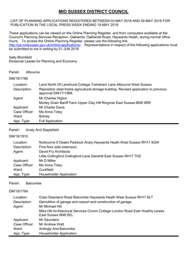 Planning Applications Received Between 3 May and 9 May 2018