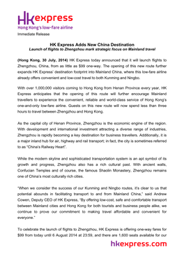 HK Express Adds New China Destination Launch of Flights to Zhengzhou Mark Strategic Focus on Mainland Travel