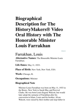 Biographical Description for the Historymakers® Video Oral History with the Honorable Minister Louis Farrakhan