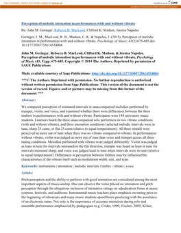 Perception of Melodic Intonation in Performances with and Without Vibrato By: John M