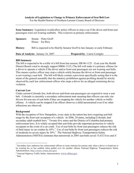 Analysis of Legislation to Change to Primary Enforcement of Seat Belt Law for the Health District of Northern Larimer County Board of Directors