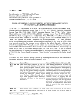 NEWS RELEASE for Information on PIMCO Closed-End Funds: Financial Advisors: (800) 628-1237 Shareholders: (844) 337-4626 Or (844