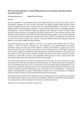 HIV-1 Virus Cycle Replication: a Review of RNA Polymerase II Transcription, Alternative Splicing and Protein Synthesis Corresponding Autor