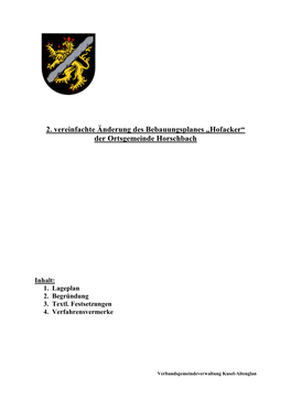 2. Vereinfachte Änderung Des Bebauungsplanes „Hofacker“ Der Ortsgemeinde Horschbach