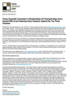 Chess Supersite Corporation Is Broadcasting US Championships and a Special Blitz Event Featuring Garry Kasparov Against the Top Three Finishers