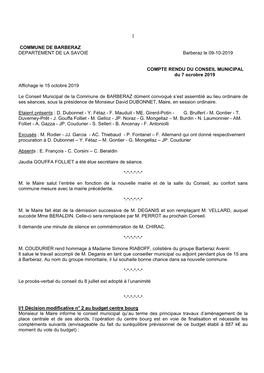 COMMUNE DE BARBERAZ DEPARTEMENT DE LA SAVOIE Barberaz Le 09-10-2019 COMPTE RENDU DU CONSEIL MUNICIPAL Du 7 Ocrobre 2019 Affichag