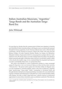 Italian-Australian Musicians, ‘Argentino’ Tango Bands and the Australian Tango Band Era
