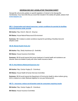 GEORGIA BIO 2021 LEGISLATIVE TRACKING SHEET Georgia Bio Will Provide Updates on Specific Legislation of Interest to the Georgia Bio Membership