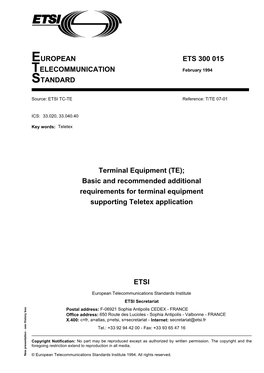 (TE); Basic and Recommended Additional Requirements for Terminal Equipment Supporting Teletex Application