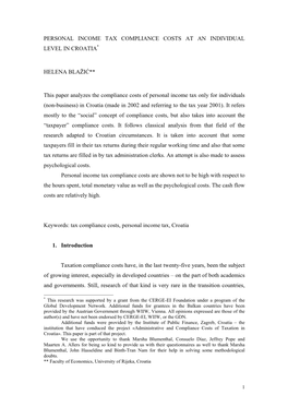 PERSONAL INCOME TAX COMPLIANCE COSTS at an INDIVIDUAL LEVEL in CROATIA* HELENA BLAŽIĆ** This Paper Analyzes the Compliance