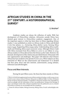 African Studies in China in the 21St Century: a Historiographical Survey1