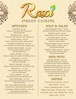 Kids Menu Drinks Appetizer Soup & Salad