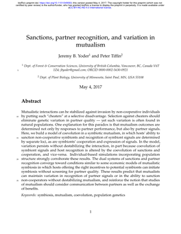 Sanctions, Partner Recognition, and Variation in Mutualism