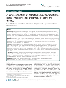 In-Vitro Evaluation of Selected Egyptian Traditional Herbal Medicines for Treatment of Alzheimer Disease