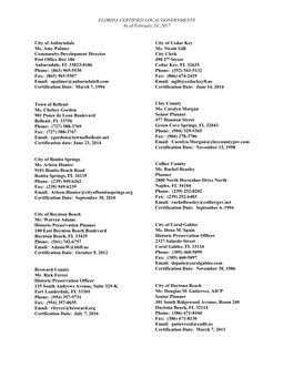 FLORIDA CERTIFIED LOCAL GOVERNMENTS As of February 24, 2017