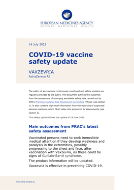 COVID-19 Vaccine Safety Update for Vaxzevria